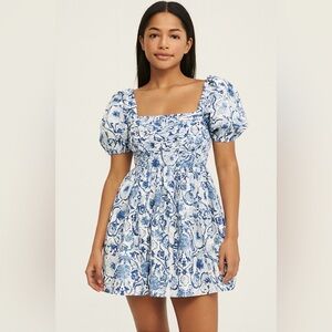 Abercrombie & Fitch Emerson Poplin Smocked Puff Sleeve Mini Dress XS NWT Blue